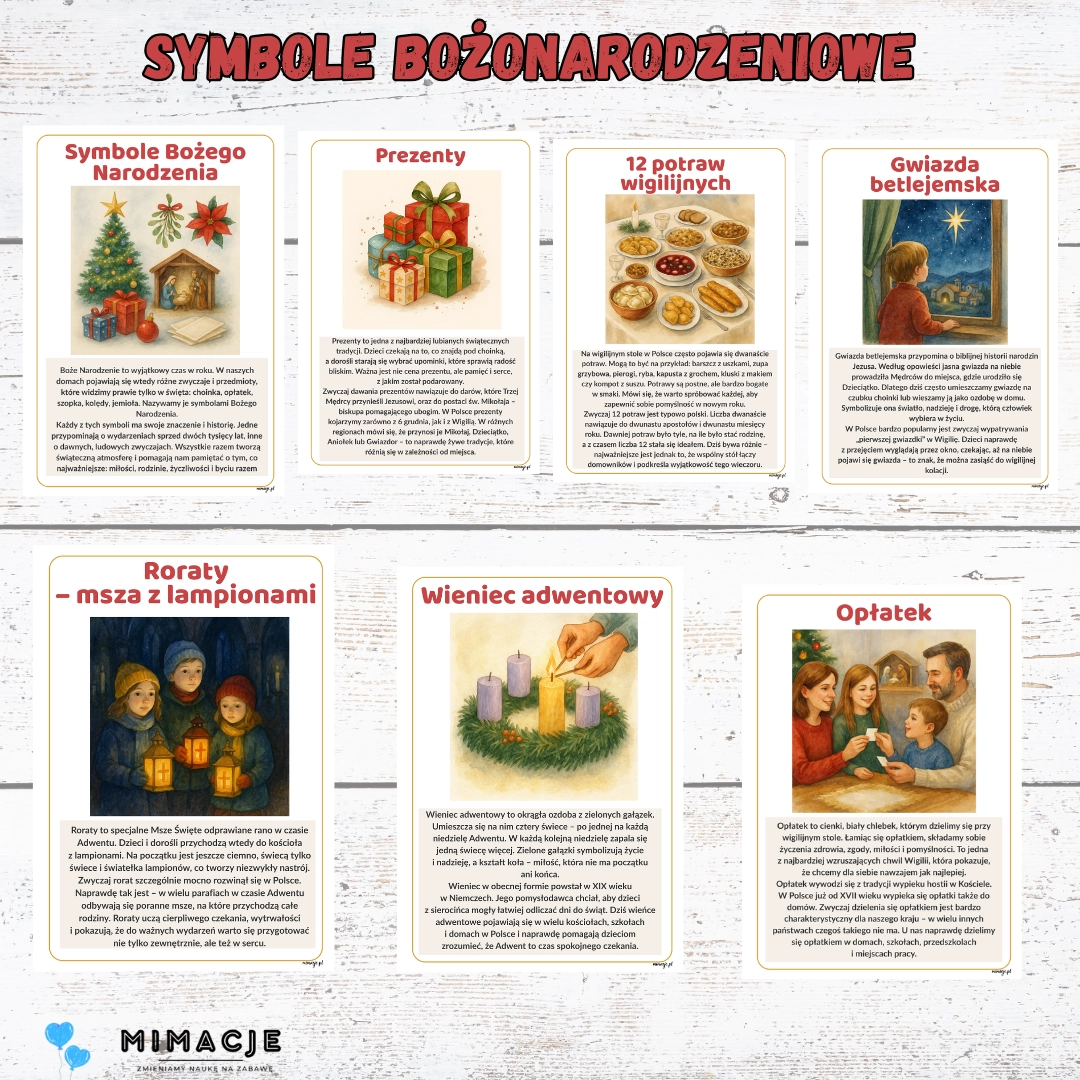 Symbole Bożego Narodzenia — podgląd ilustrowanych plansz PDF