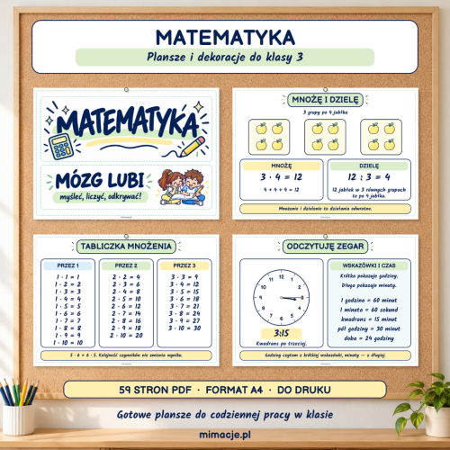 Matematyka klasa 3 — plansze i dekoracje, 59 stron PDF A4