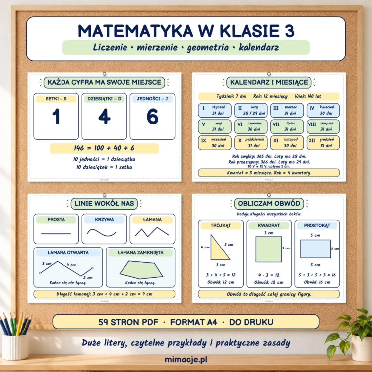 Matematyka klasa 3 — liczenie, geometria i kalendarz, 59 stron PDF