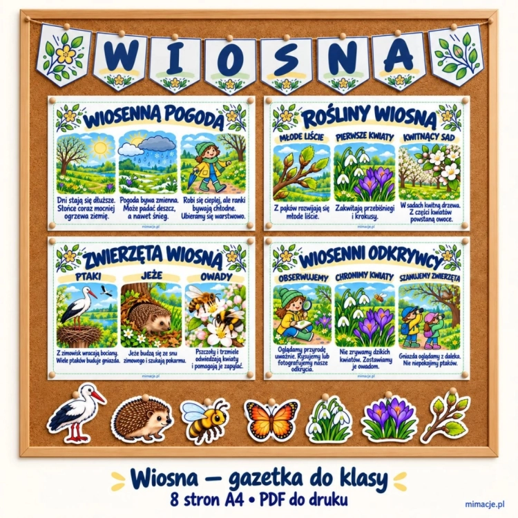 Wiosna – gazetka szkolna i dekoracje do druku PDF, 8 stron A4