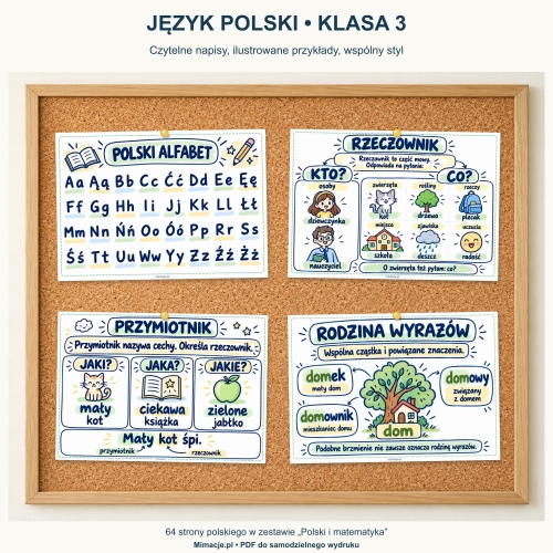 Plansze z języka polskiego: alfabet, rzeczownik, przymiotnik i rodzina wyrazów na tablicy korkowej.