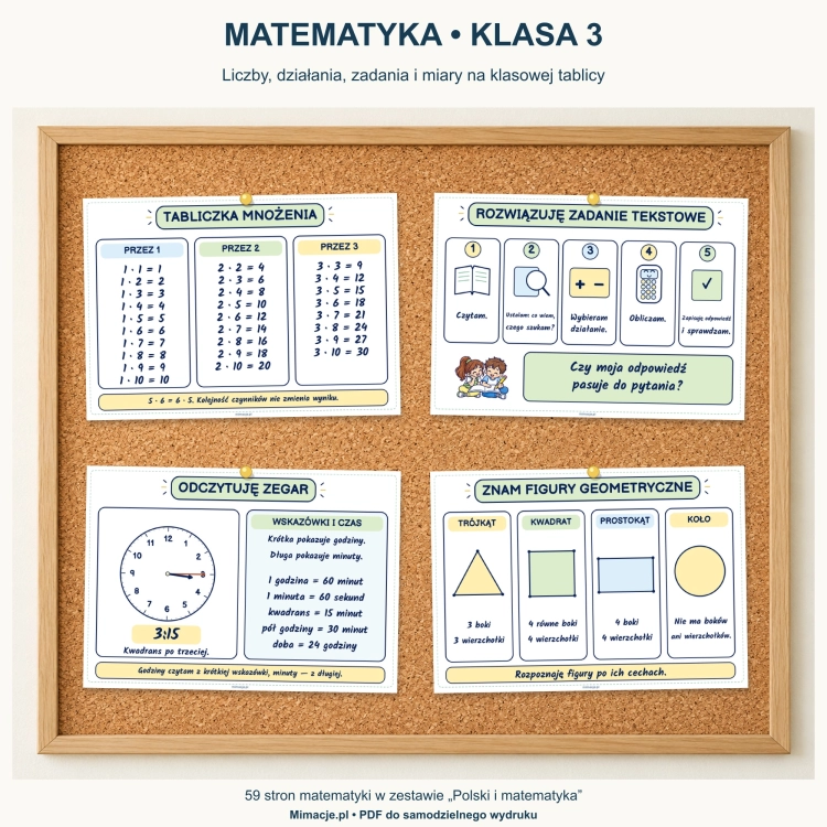 Plansze matematyczne: tabliczka mnożenia, zadania tekstowe, zegar i figury geometryczne na tablicy korkowej.