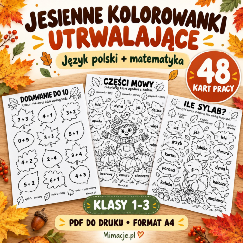 Jesienne kolorowanki utrwalające dla klas 1–3: podgląd kart z polskiego i matematyki oraz napis 48 kart pracy.