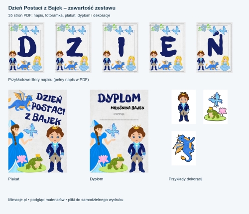 Dzień Postaci z Bajek – podgląd napisu, plakatu, dyplomu i dekoracji PDF