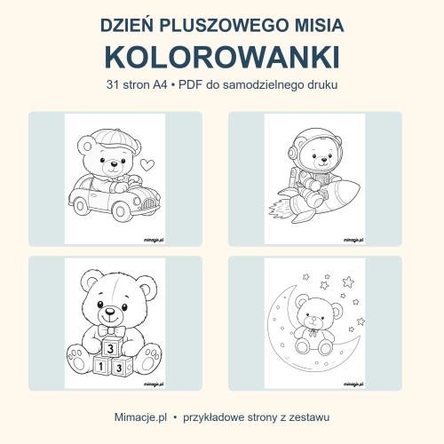 Dzień Pluszowego Misia – kolorowanki, 31 stron A4 PDF – przykładowe strony