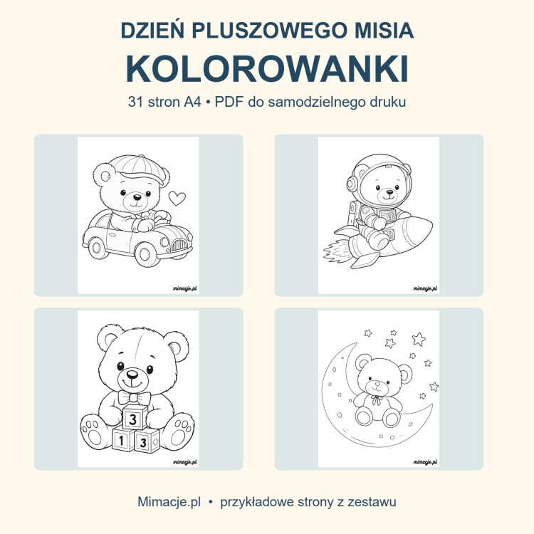 Dzień Pluszowego Misia – kolorowanki, 31 stron A4 PDF – przykładowe strony