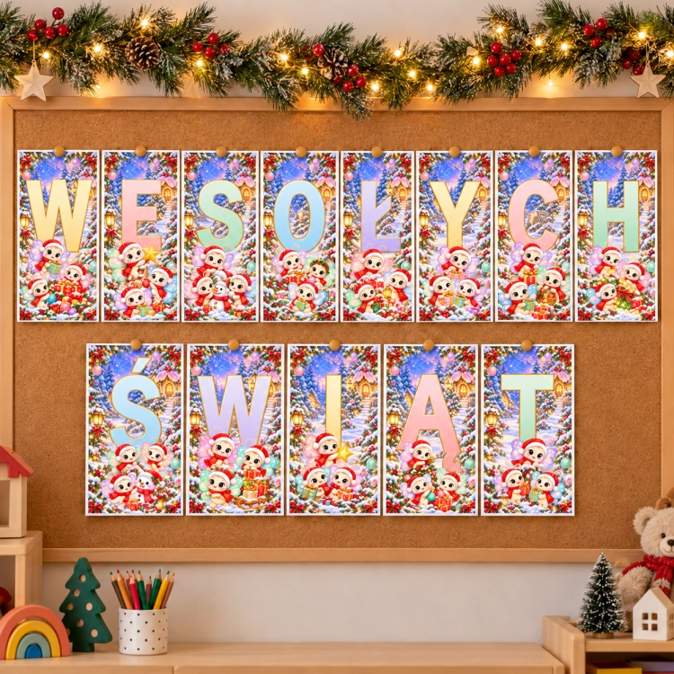Girlanda Wesołych Świąt z Motylkami – 13 pastelowych kart z literami na tablicy korkowej