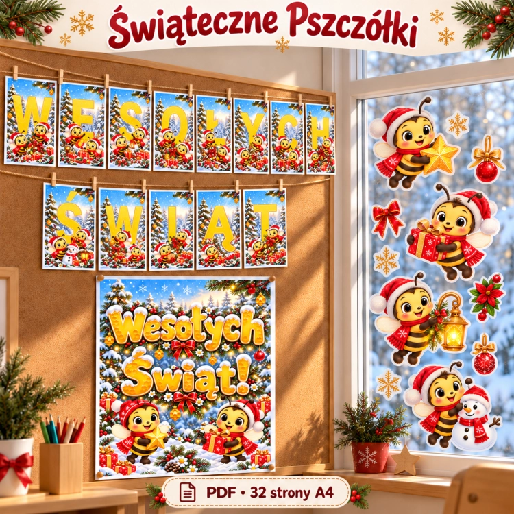 Świąteczne Pszczółki – girlanda, plakat i dekoracje na okno do druku