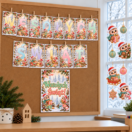 Świąteczne Sówki – girlanda Wesołych Świąt, plakat i dekoracje na okno PDF